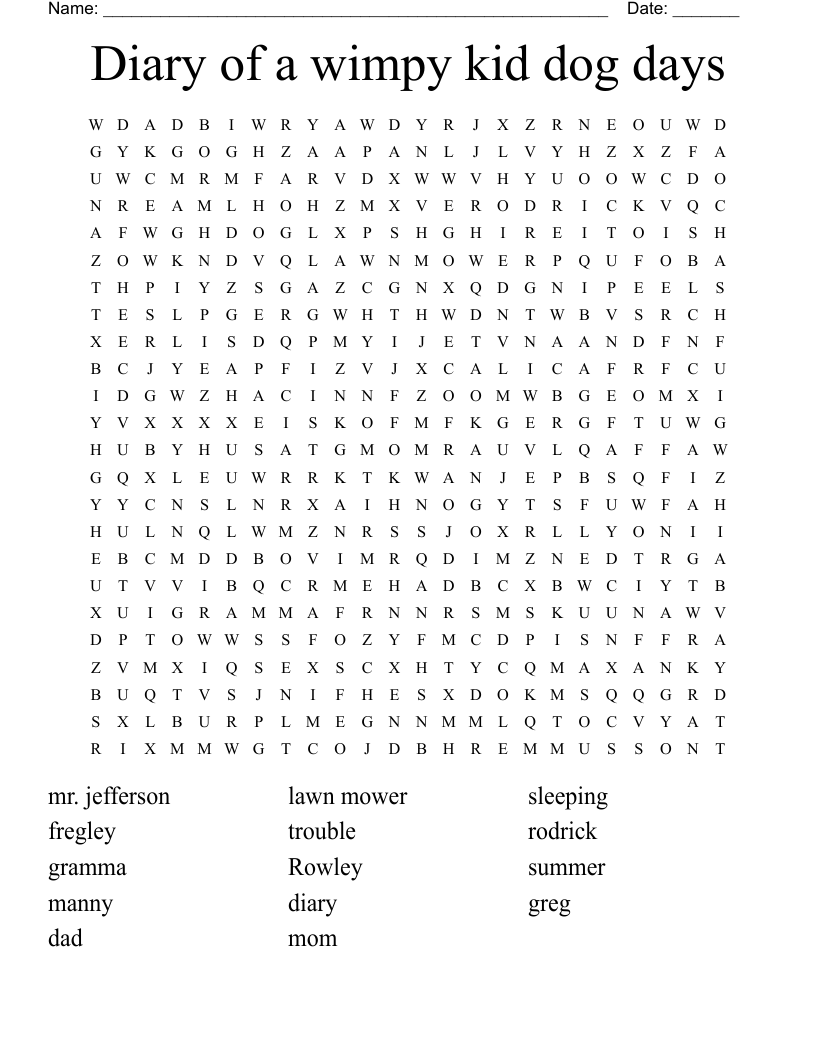 Diary Of A Wimpy Kid Dog Days Word Search WordMint