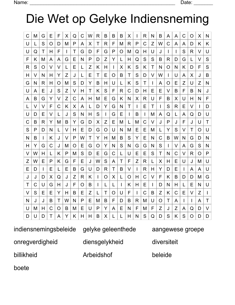 Die Wet op Gelyke Indiensneming  Word Search