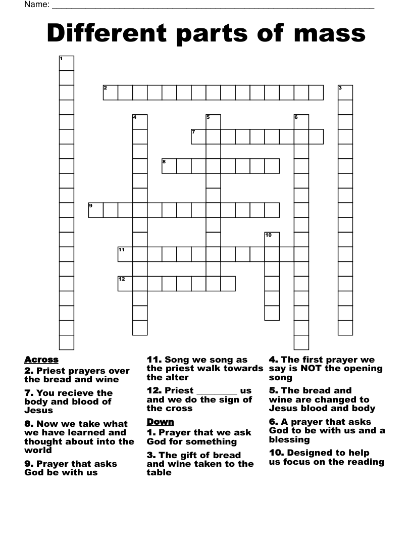 Parts of the Mass Crossword - WordMint With Order Of The Mass Worksheet