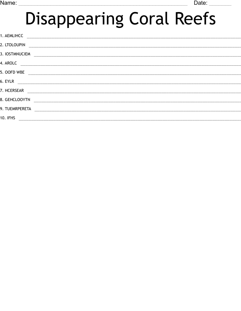 Disappearing Coral Reefs Word Scramble