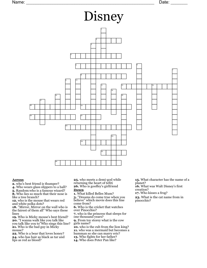 Disney Crossword Puzzles Printable