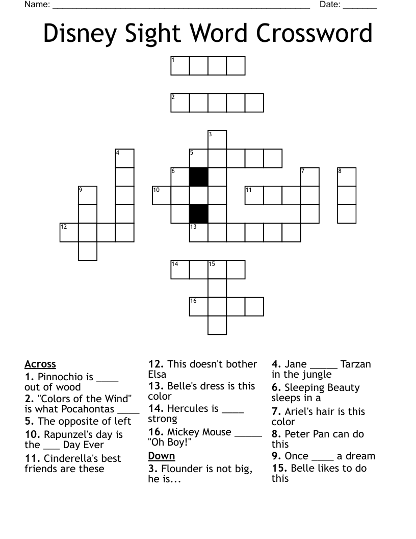 Disney Sight Word Crossword