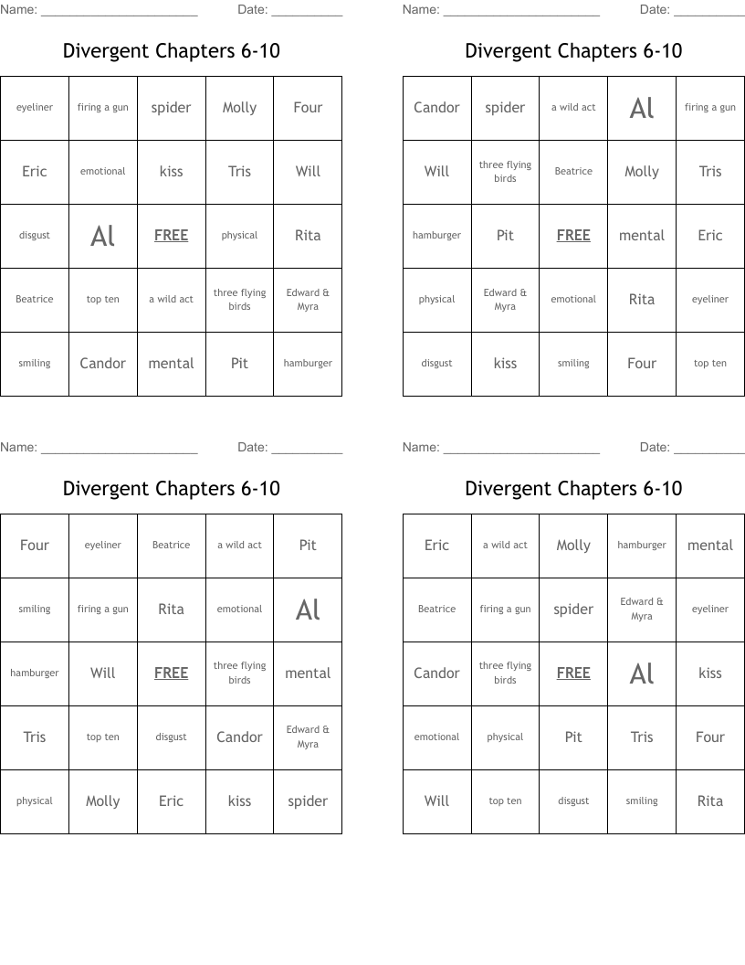 Divergent Chapters 6-10 Bingo Cards
