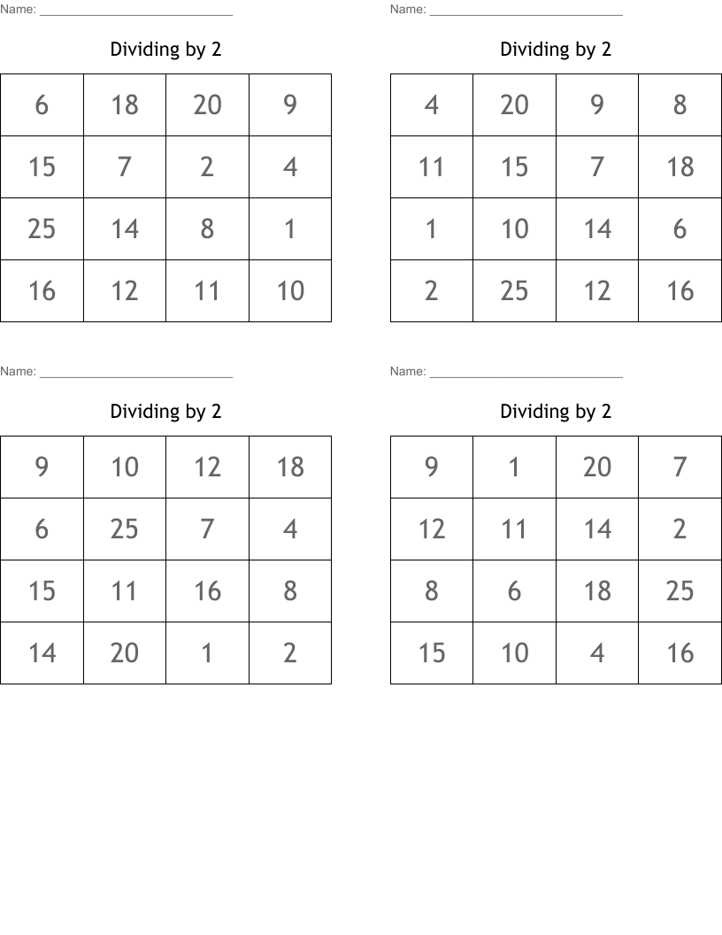 Dividing by 2  Bingo Cards