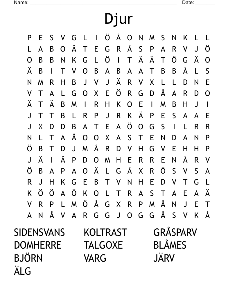 Djur Word Search