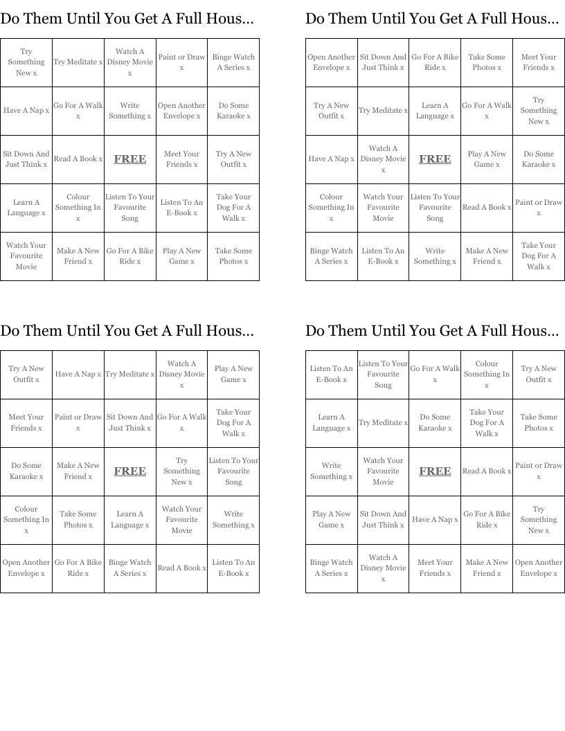 Do Them Until You Get A Full House x Bingo Cards