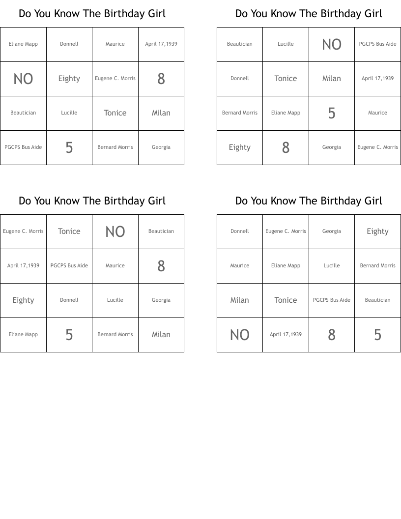Do You Know The Birthday Girl Bingo Cards