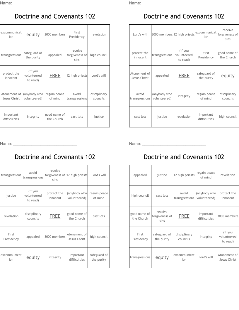 Doctrine and Covenants 102 Bingo Cards