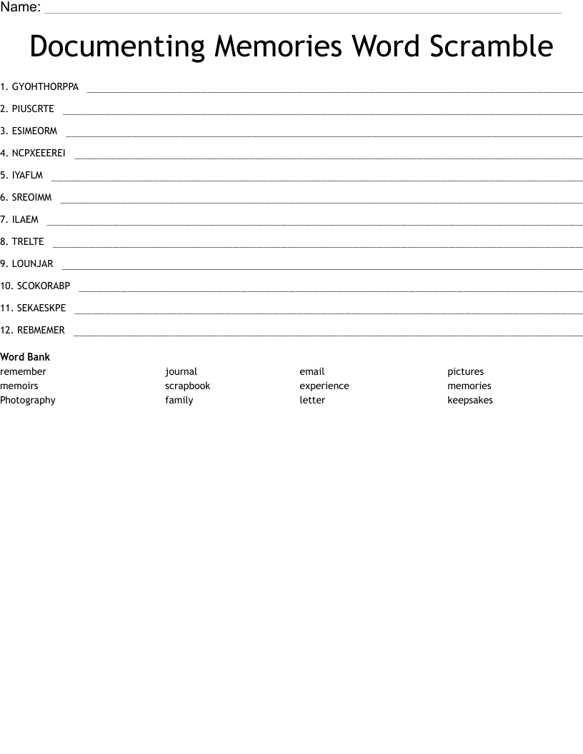 Documenting Memories Word Scramble WordMint
