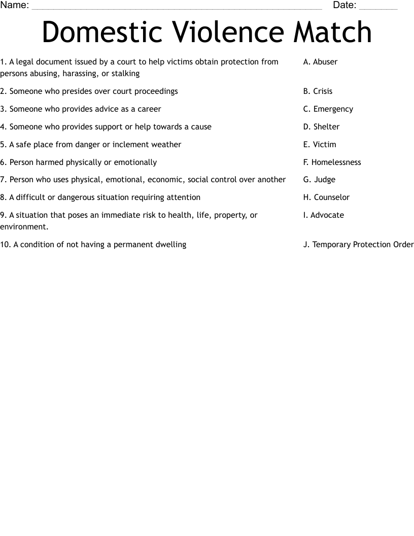 Domestic Violence Match Worksheet - WordMint