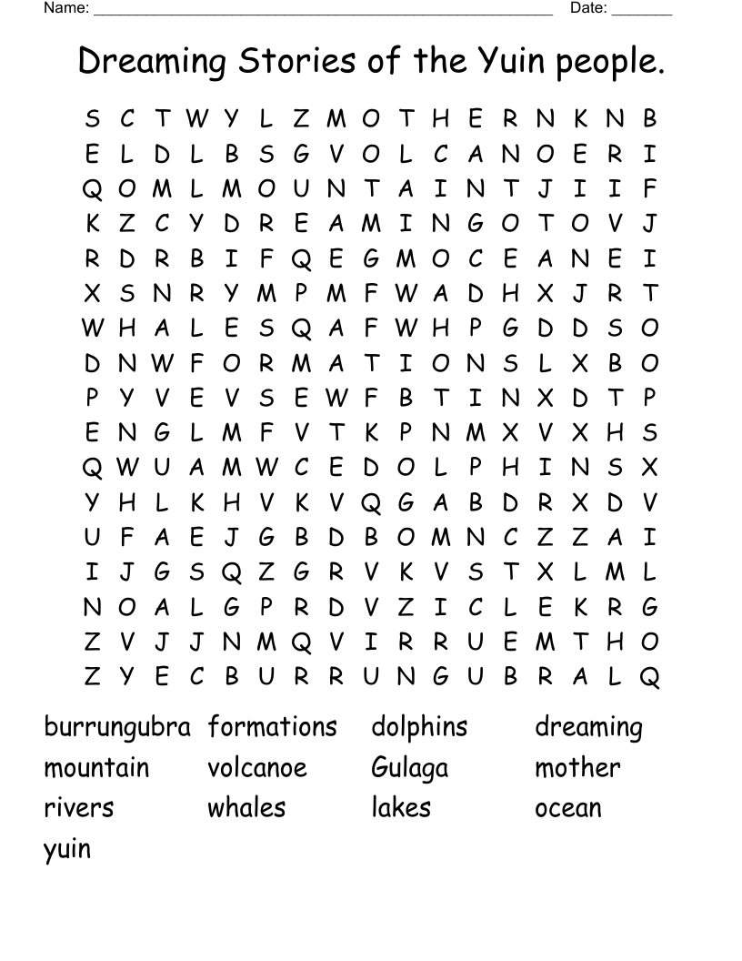Dreaming Stories of the Yuin people. Word Search