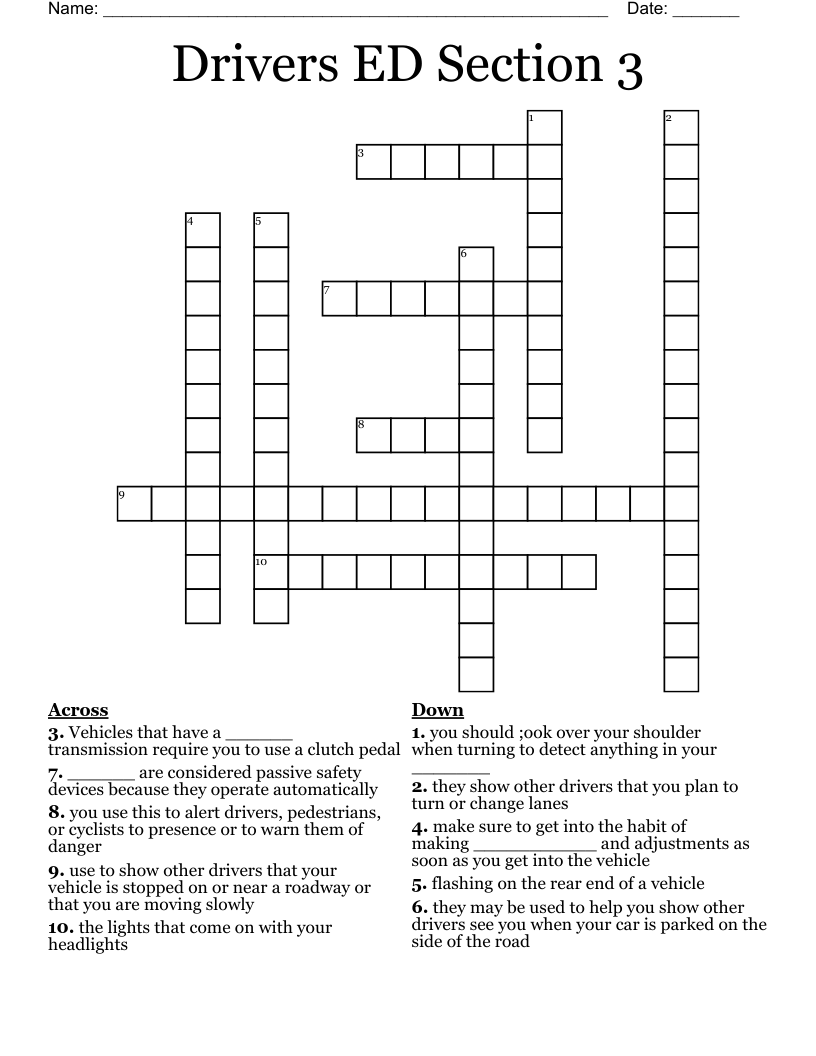 Drivers Ed Crossword Puzzle Answers Dietper