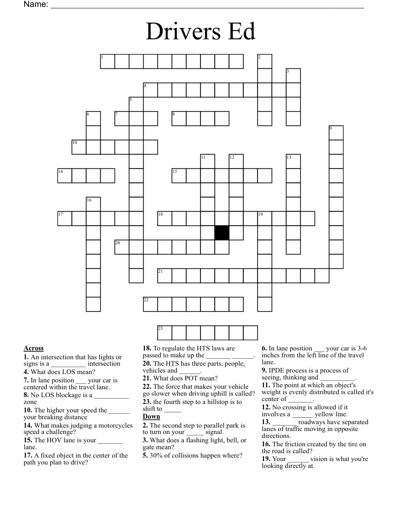 Drivers Ed Crossword Puzzle Answer Key Driver Education Word Search