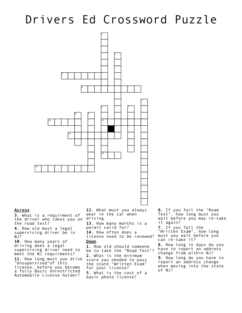 Drivers Ed Crossword Puzzle WordMint