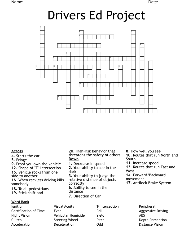 Drivers Ed Project Crossword WordMint