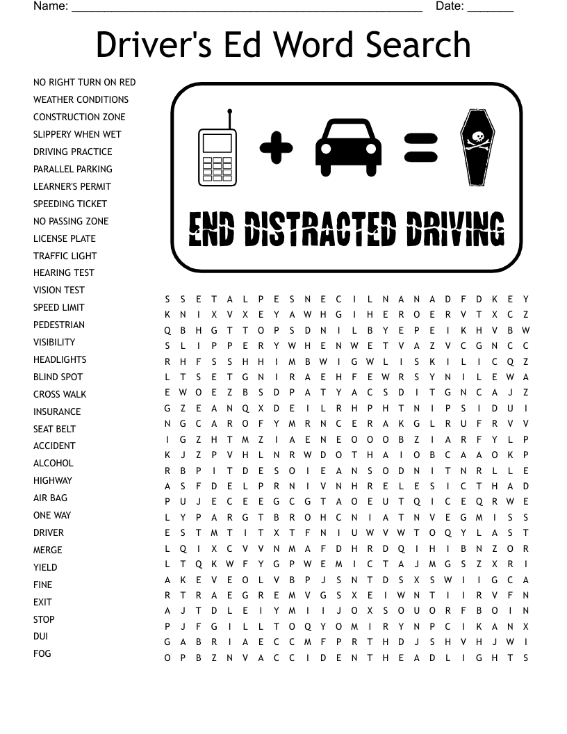 Drivers Ed Word Search WordMint