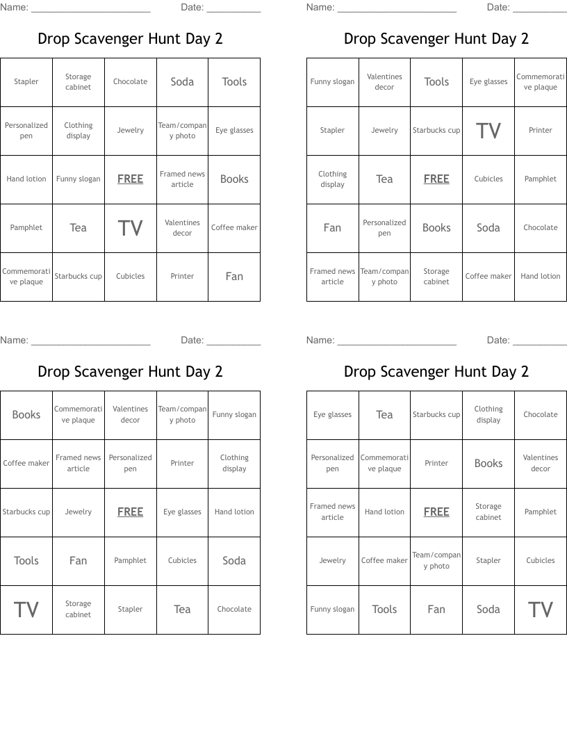 Drop Scavenger Hunt Day 2 Bingo Cards WordMint