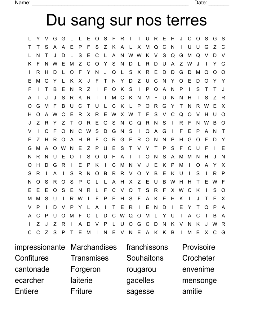 Du sang sur nos terres Word Search