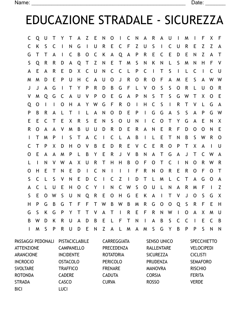EDUCAZIONE STRADALE - SICUREZZA Word Search