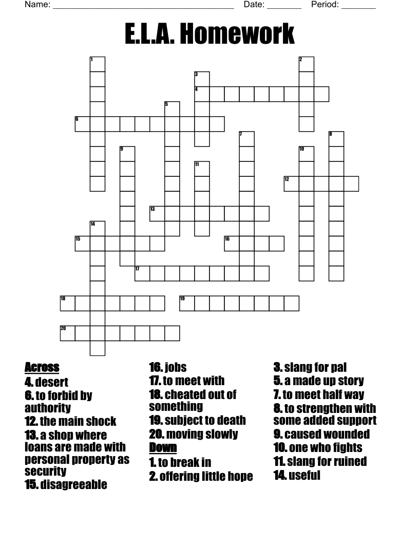 E.L.A. Homework Crossword
