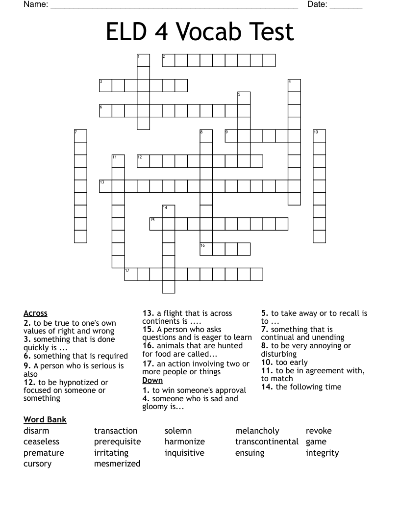 ELD 4 Vocab Test Crossword