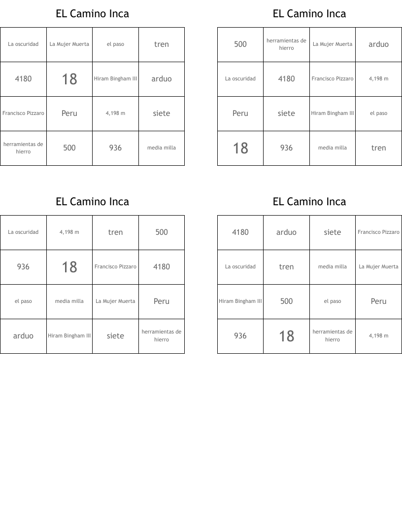 EL Camino Inca Bingo Cards