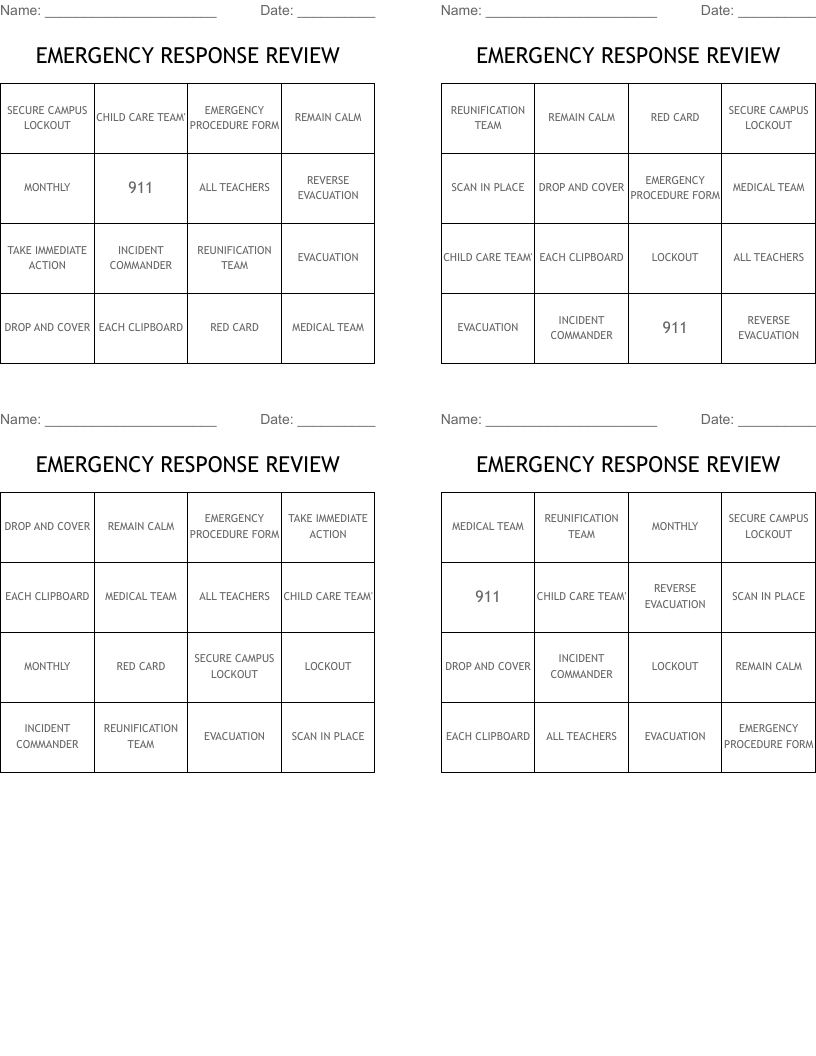 EMERGENCY RESPONSE REVIEW Bingo Cards WordMint