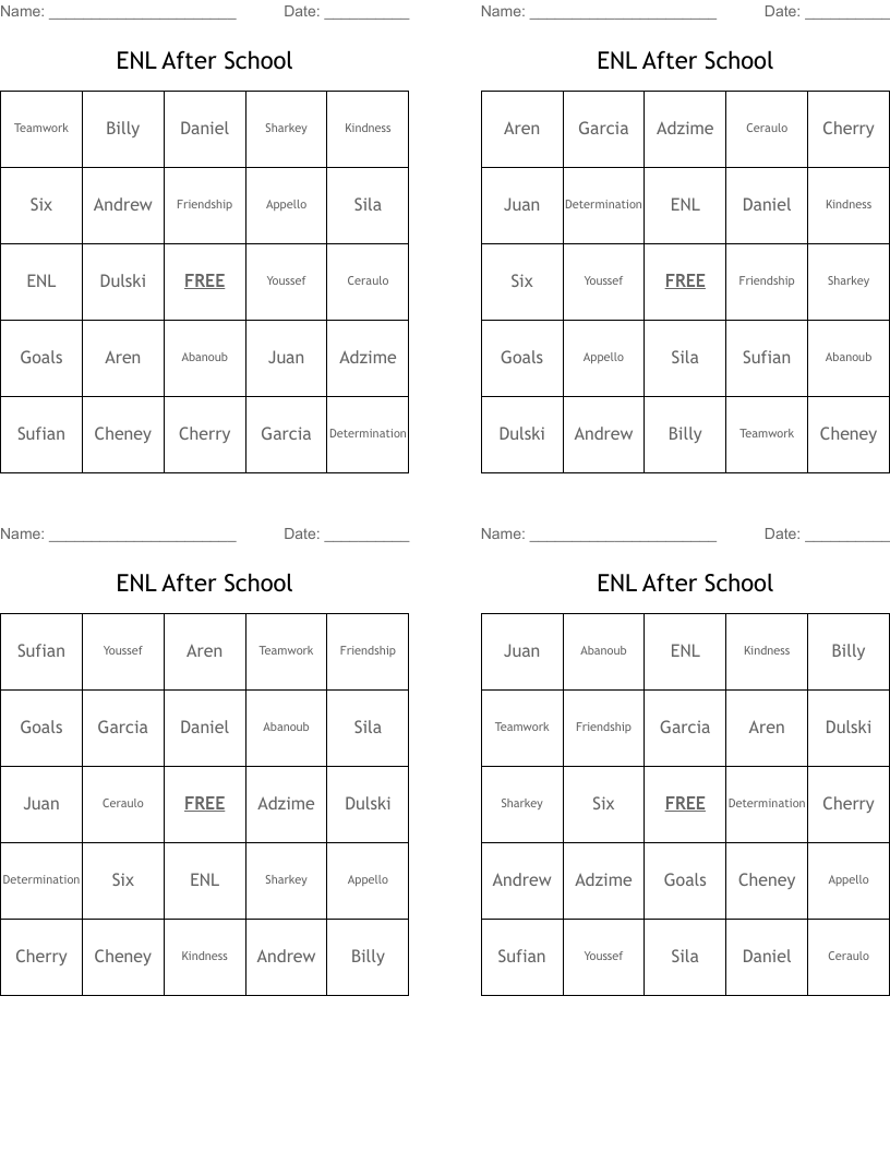 ENL After School Bingo Cards