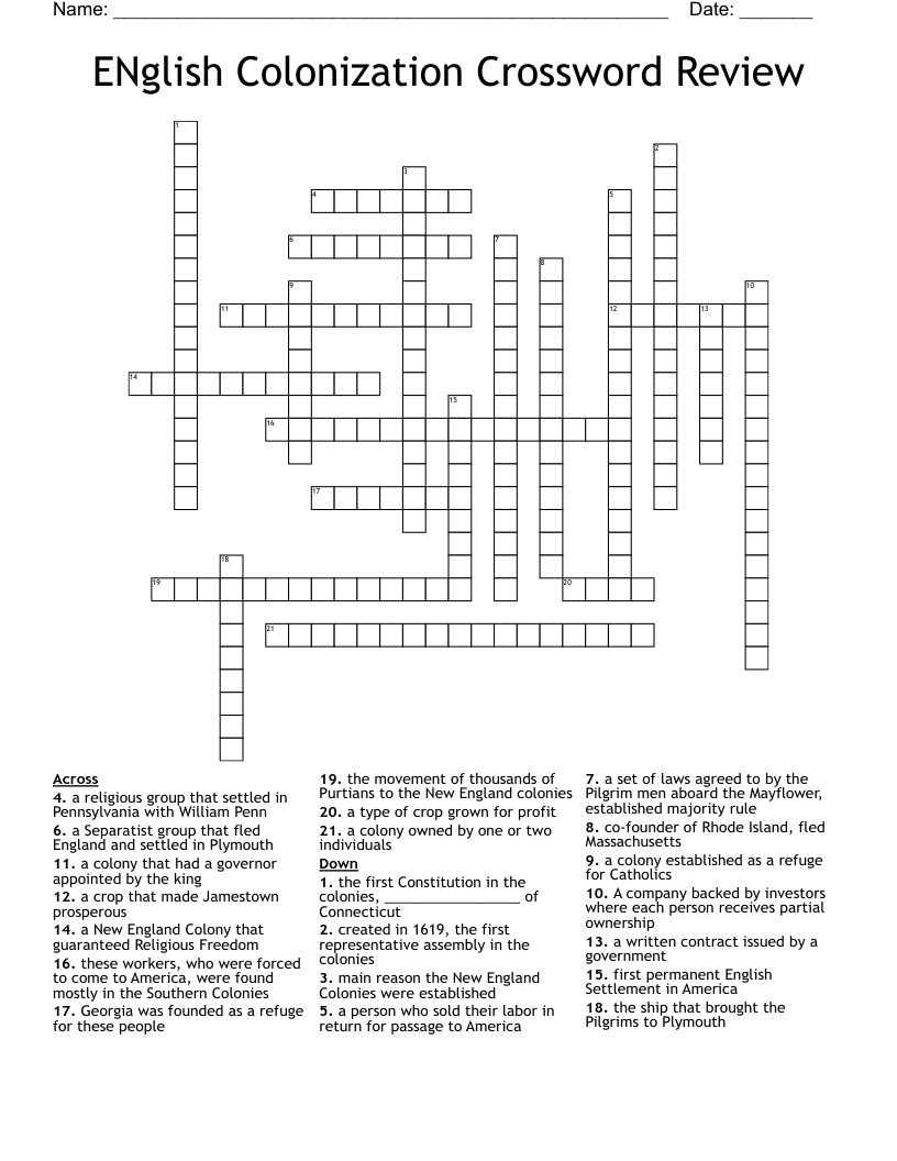 ENglish Colonization Crossword Review WordMint