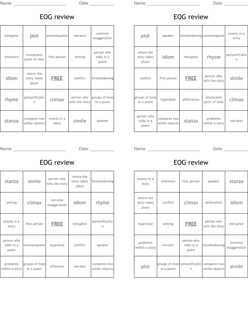 EOG review Bingo Cards