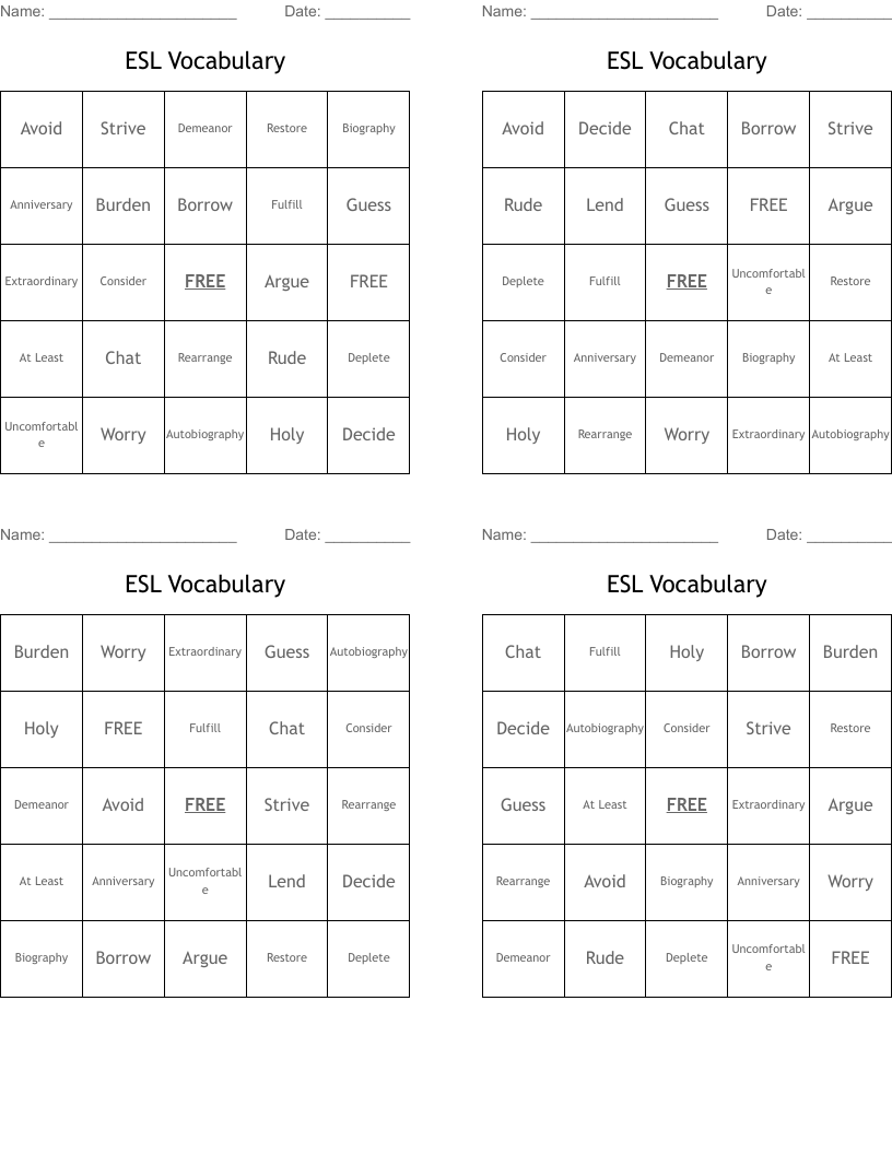 ESL Vocabulary Bingo Cards