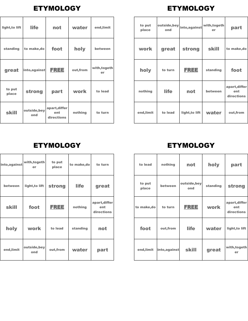 ETYMOLOGY Bingo Cards WordMint