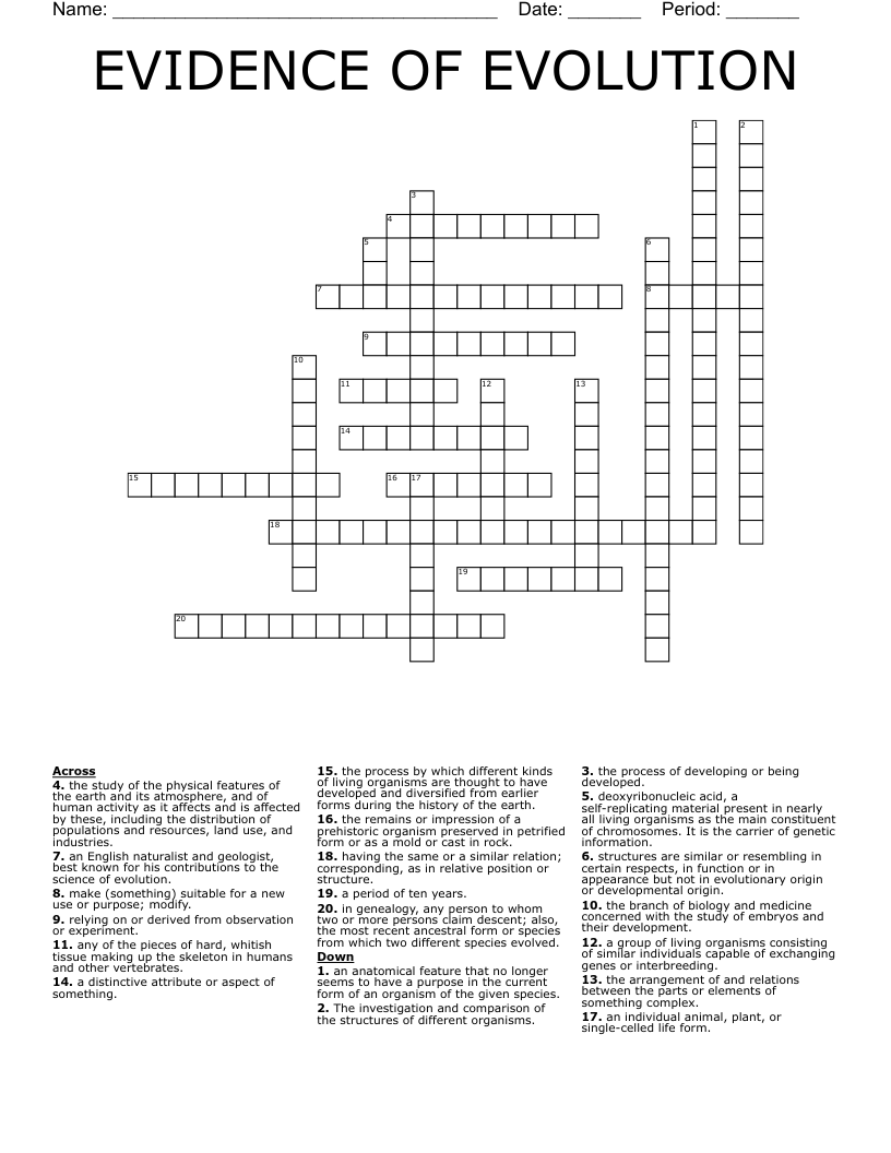 EVIDENCE OF EVOLUTION Crossword - WordMint Throughout Evidence Of Evolution Worksheet