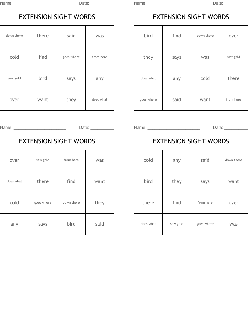 EXTENSION SIGHT WORDS Bingo Cards