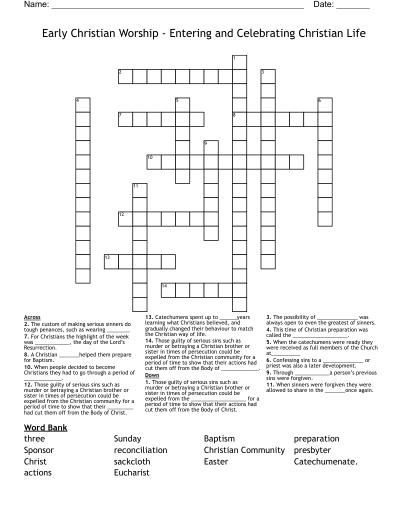 Early Christian Worship - Entering and Celebrating Christian Life Crossword