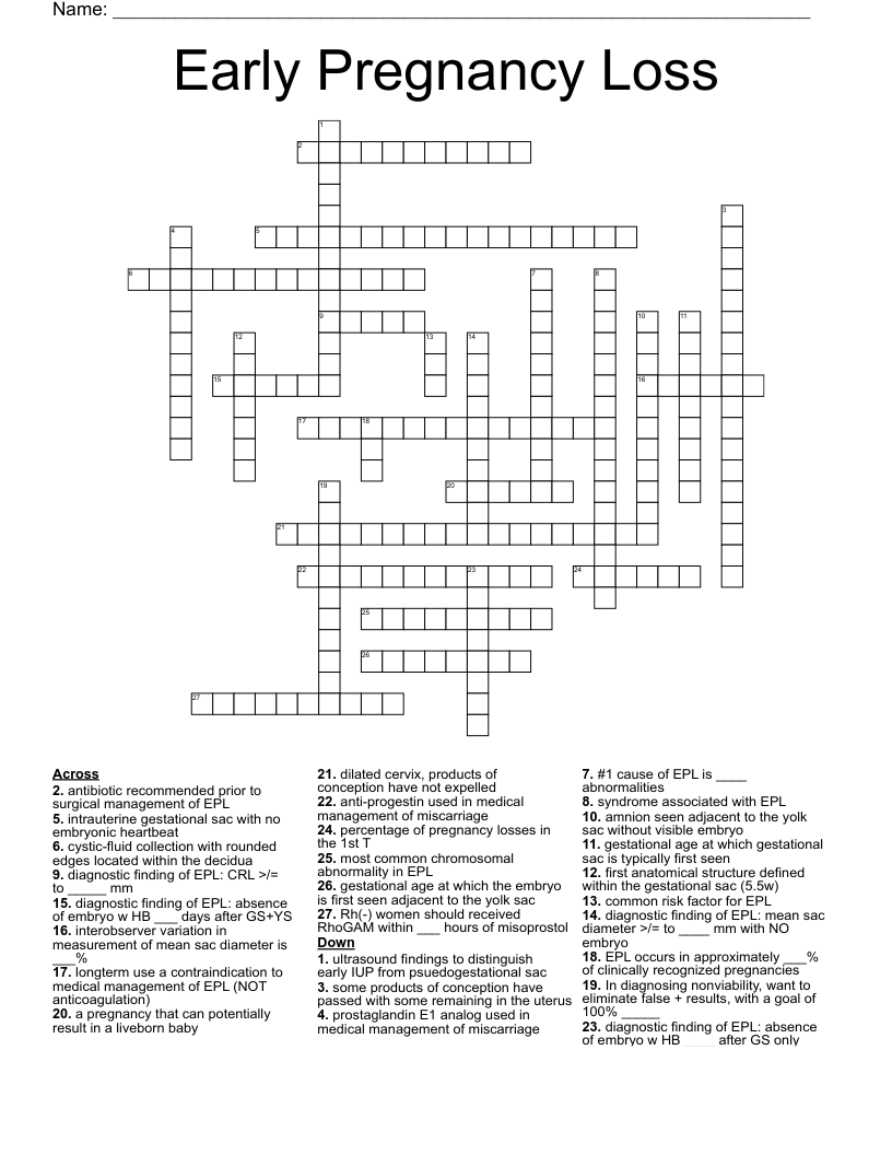 Early Pregnancy Loss Crossword