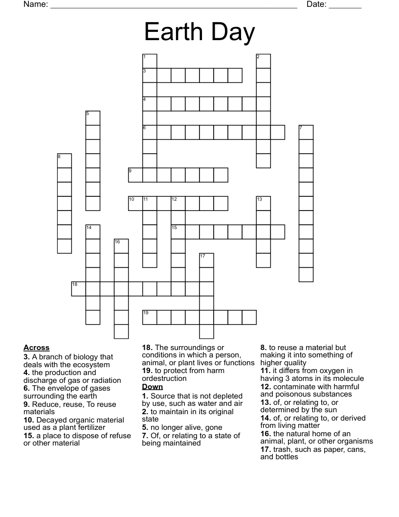 Earth Day Crossword Puzzle Printable Printable World Holiday
