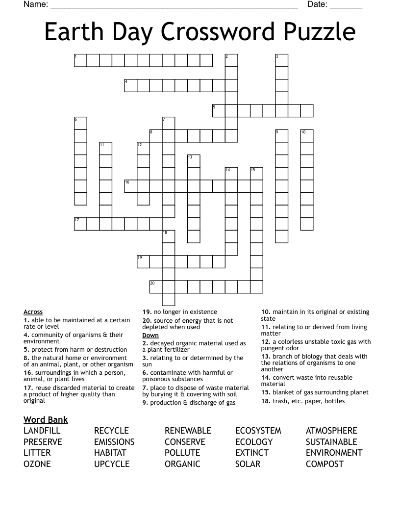 Free Printable Earth Day Crossword Puzzle