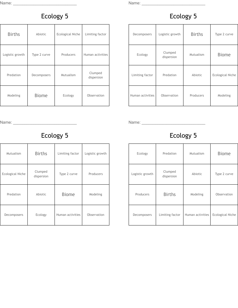 Ecology 5 Bingo Cards