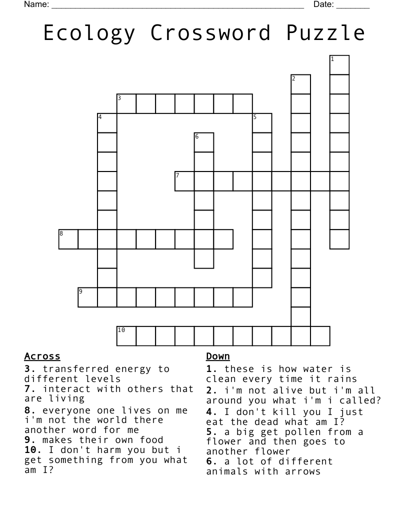 Ecology Crossword Puzzle WordMint