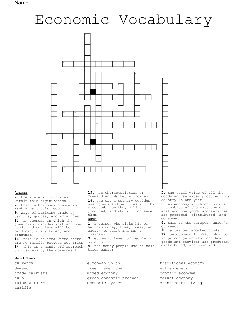 Economic Vocabulary Crossword WordMint