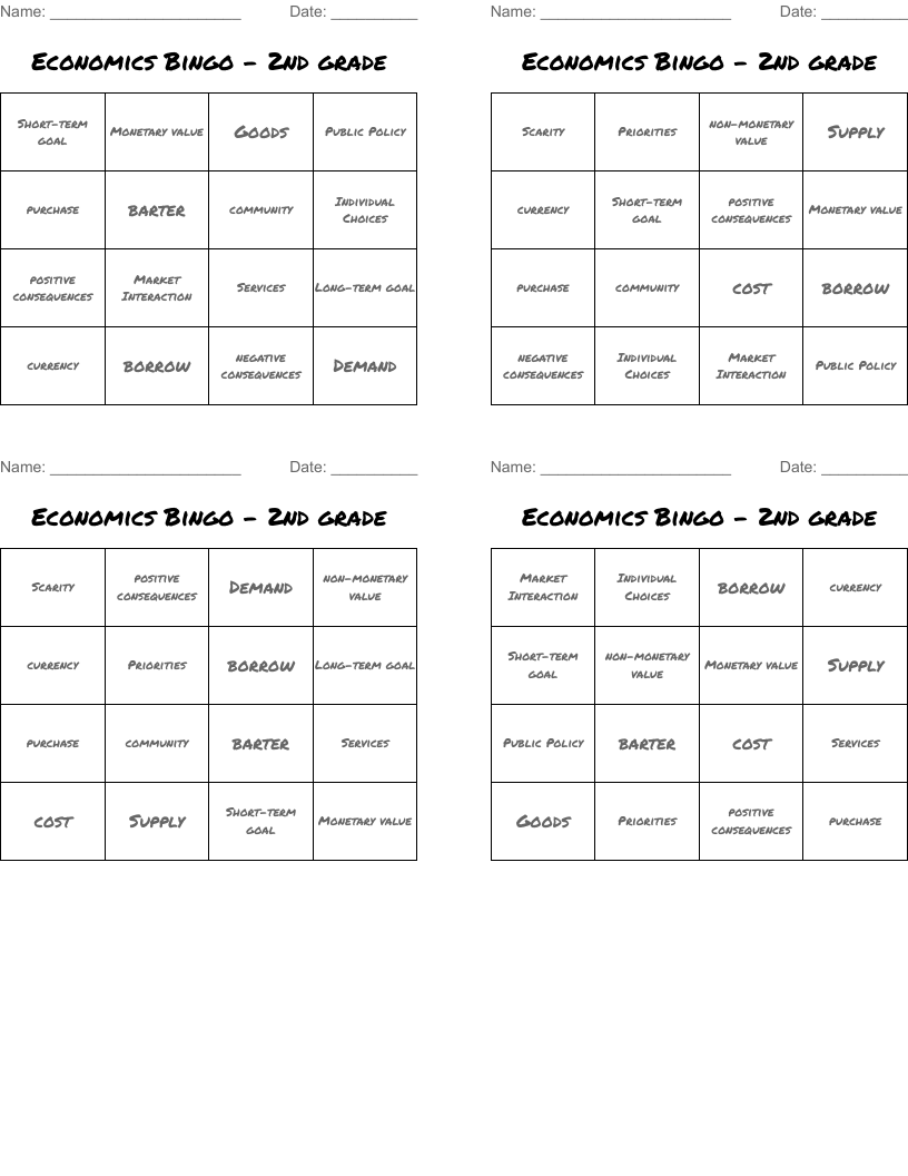 Economics Bingo - 2nd grade