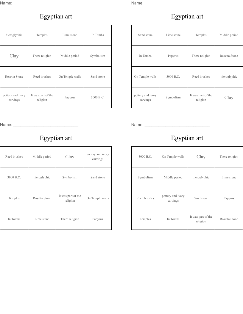 Egyptian art Bingo Cards