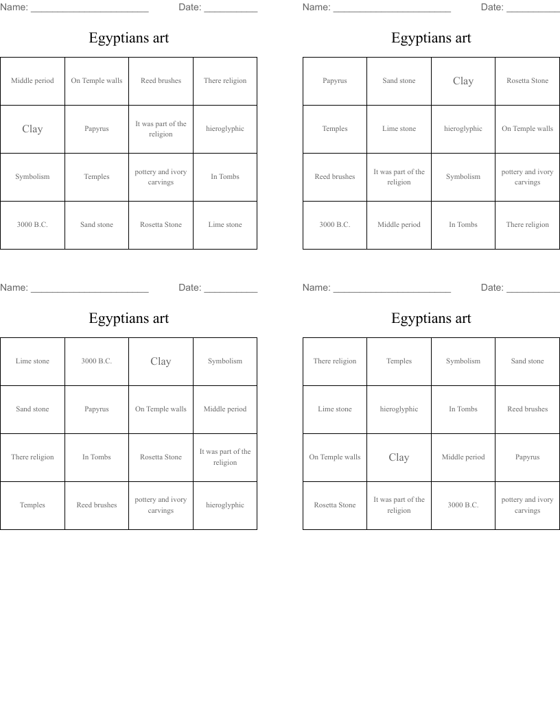 Egyptians art Bingo Cards