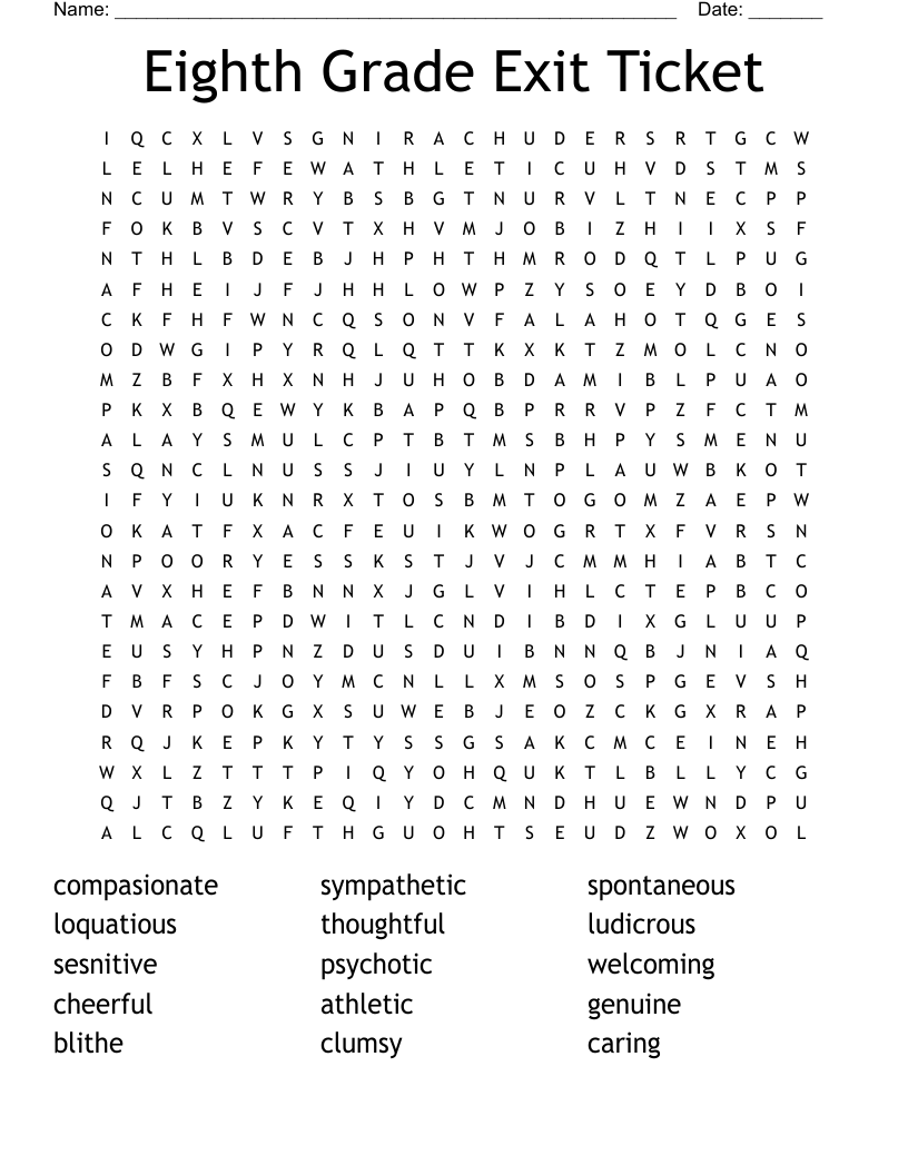 Eighth Grade Exit Ticket Word Search