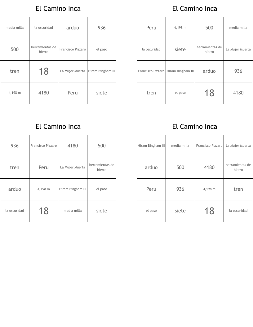 El Camino Inca Bingo Cards