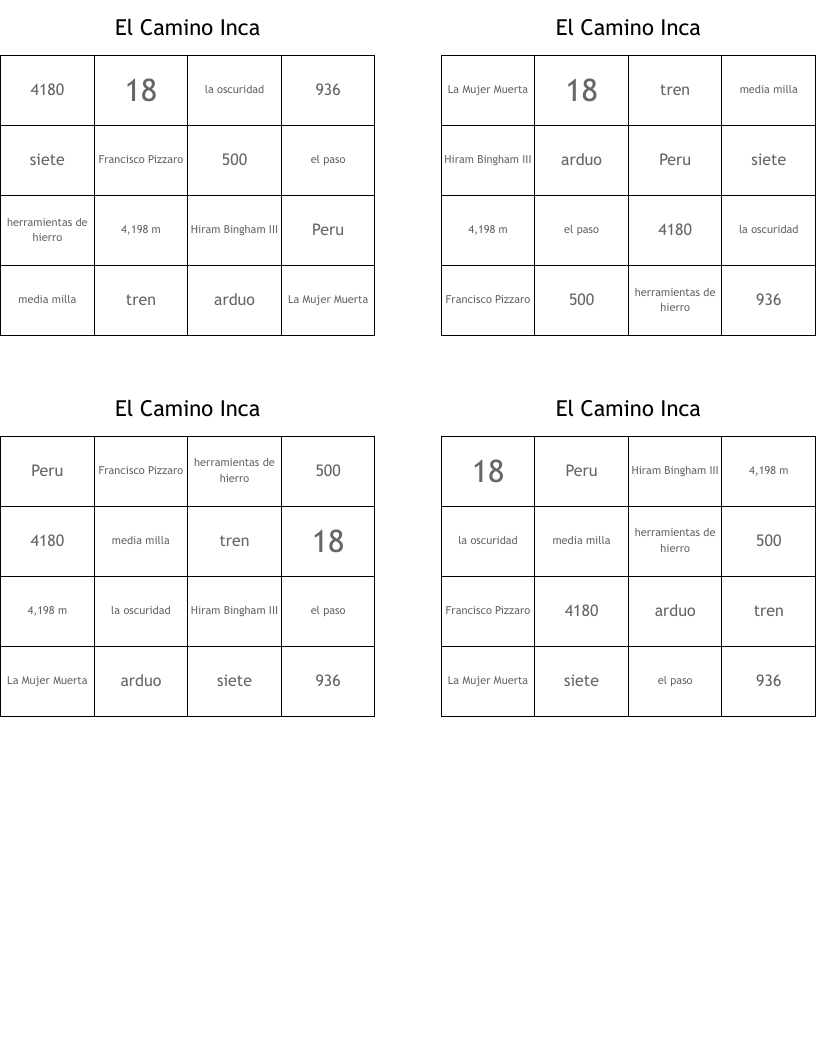 El Camino Inca Bingo Cards