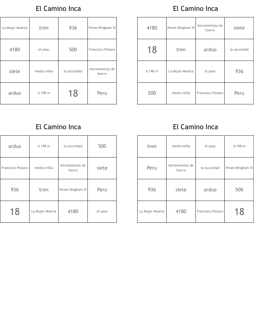 El Camino Inca Bingo Cards