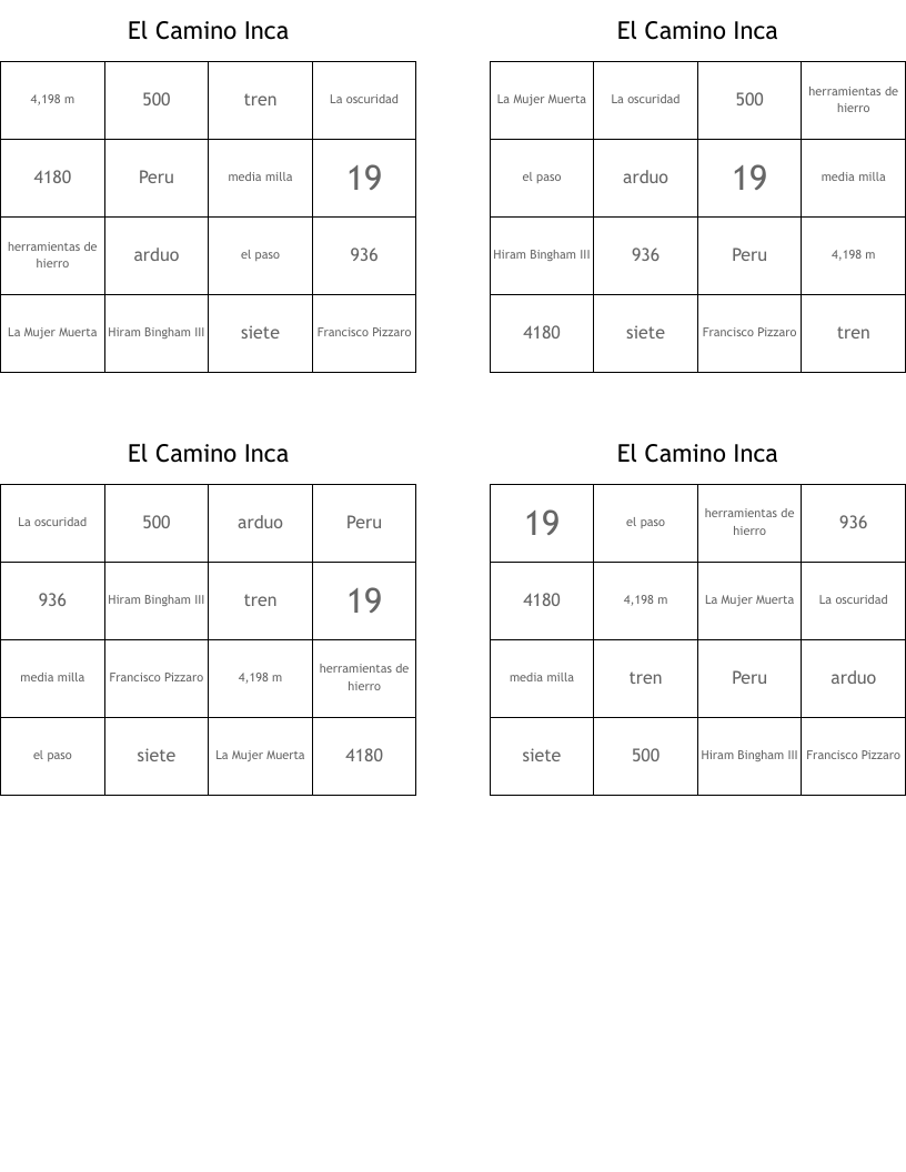 El Camino Inca Bingo Cards