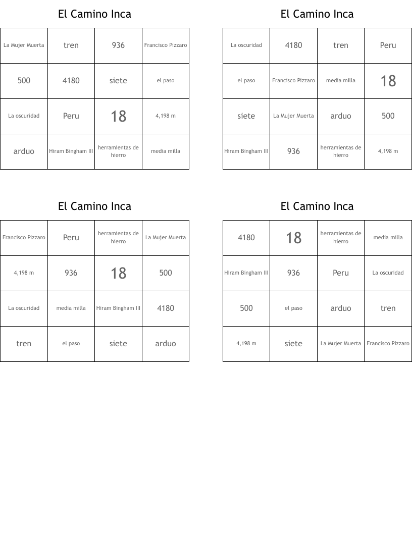 El Camino Inca Bingo Cards